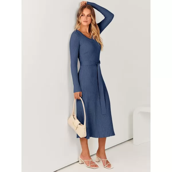 imageANRABESS Womens Sweater Dress 2024 Long Sleeve V Neck Tie Waist Slim Fit Elegant Ribbed Knit Bodycon Midi DressDusty Blue