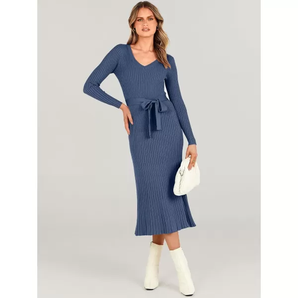 imageANRABESS Womens Sweater Dress 2024 Long Sleeve V Neck Tie Waist Slim Fit Elegant Ribbed Knit Bodycon Midi DressDusty Blue