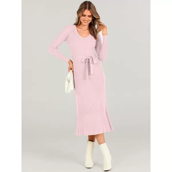 imageANRABESS Womens Sweater Dress 2024 Long Sleeve V Neck Tie Waist Slim Fit Elegant Ribbed Knit Bodycon Midi DressPink