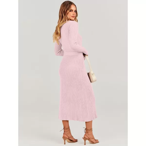 imageANRABESS Womens Sweater Dress 2024 Long Sleeve V Neck Tie Waist Slim Fit Elegant Ribbed Knit Bodycon Midi DressPink