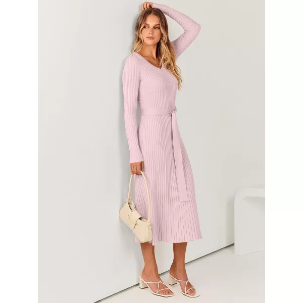 imageANRABESS Womens Sweater Dress 2024 Long Sleeve V Neck Tie Waist Slim Fit Elegant Ribbed Knit Bodycon Midi DressPink