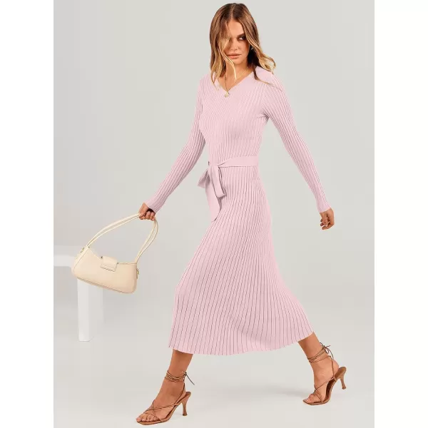 imageANRABESS Womens Sweater Dress 2024 Long Sleeve V Neck Tie Waist Slim Fit Elegant Ribbed Knit Bodycon Midi DressPink