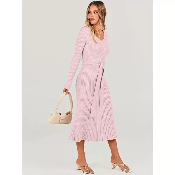 imageANRABESS Womens Sweater Dress 2024 Long Sleeve V Neck Tie Waist Slim Fit Elegant Ribbed Knit Bodycon Midi DressPink
