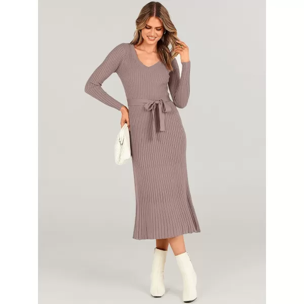 imageANRABESS Womens Sweater Dress 2024 Long Sleeve V Neck Tie Waist Slim Fit Elegant Ribbed Knit Bodycon Midi DressPink Almond