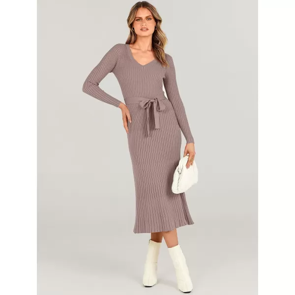 imageANRABESS Womens Sweater Dress 2024 Long Sleeve V Neck Tie Waist Slim Fit Elegant Ribbed Knit Bodycon Midi DressPink Almond