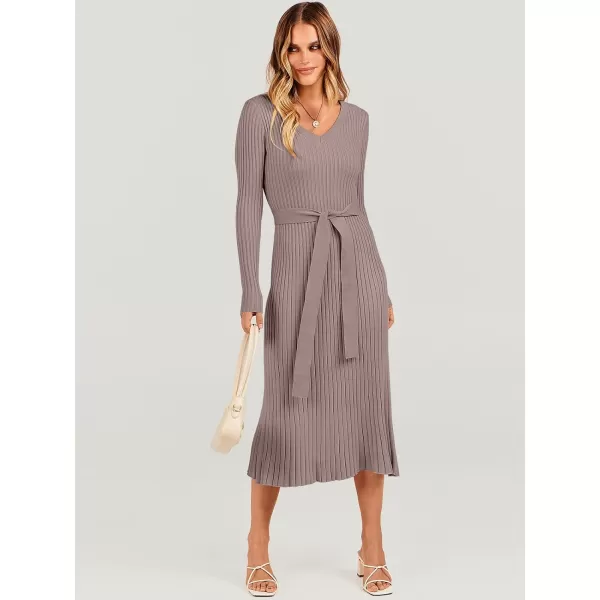 imageANRABESS Womens Sweater Dress 2024 Long Sleeve V Neck Tie Waist Slim Fit Elegant Ribbed Knit Bodycon Midi DressPink Almond