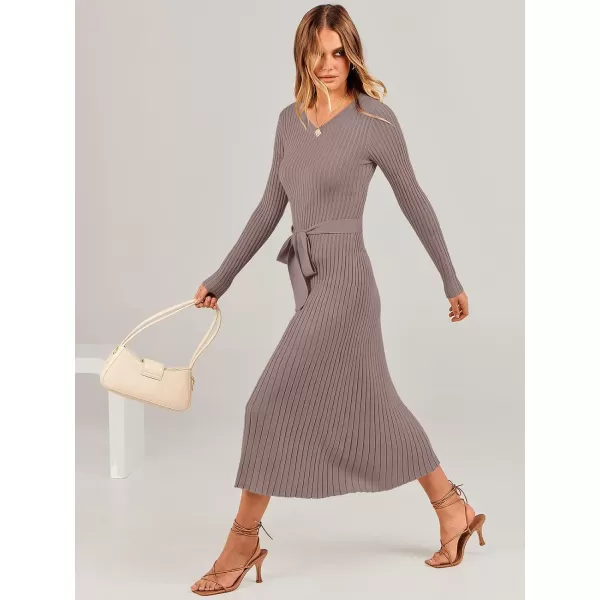 imageANRABESS Womens Sweater Dress 2024 Long Sleeve V Neck Tie Waist Slim Fit Elegant Ribbed Knit Bodycon Midi DressPink Almond