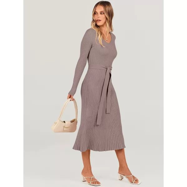 imageANRABESS Womens Sweater Dress 2024 Long Sleeve V Neck Tie Waist Slim Fit Elegant Ribbed Knit Bodycon Midi DressPink Almond