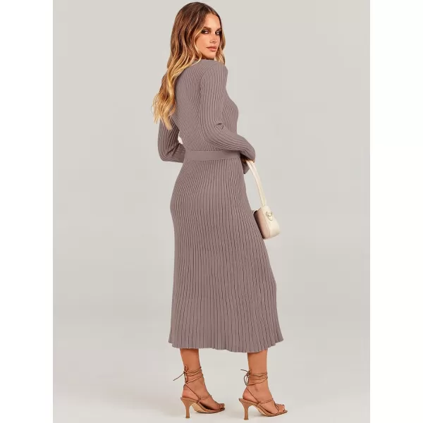 imageANRABESS Womens Sweater Dress 2024 Long Sleeve V Neck Tie Waist Slim Fit Elegant Ribbed Knit Bodycon Midi DressPink Almond