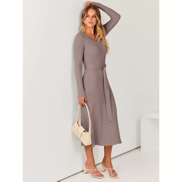imageANRABESS Womens Sweater Dress 2024 Long Sleeve V Neck Tie Waist Slim Fit Elegant Ribbed Knit Bodycon Midi DressPink Almond