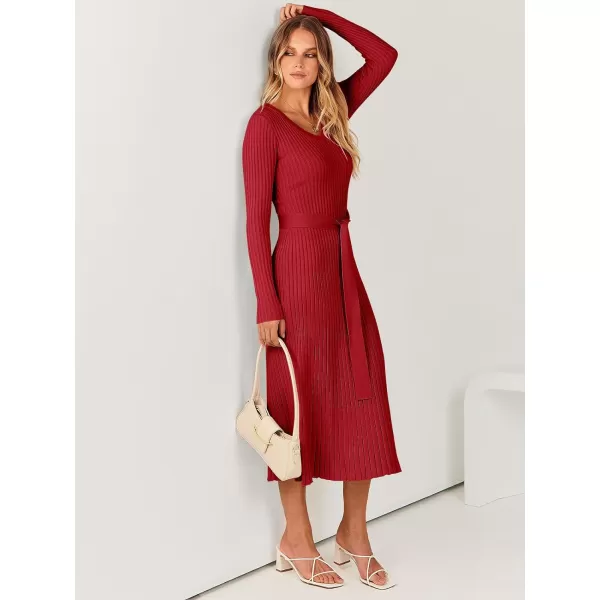 imageANRABESS Womens Sweater Dress 2024 Long Sleeve V Neck Tie Waist Slim Fit Elegant Ribbed Knit Bodycon Midi DressRed