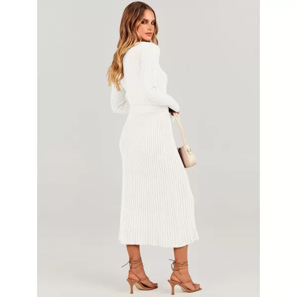imageANRABESS Womens Sweater Dress 2024 Long Sleeve V Neck Tie Waist Slim Fit Elegant Ribbed Knit Bodycon Midi DressWhite