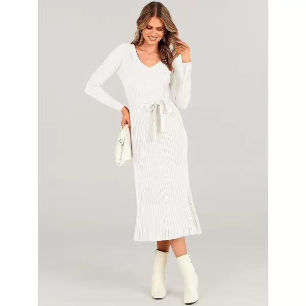 imageANRABESS Womens Sweater Dress 2024 Long Sleeve V Neck Tie Waist Slim Fit Elegant Ribbed Knit Bodycon Midi DressWhite
