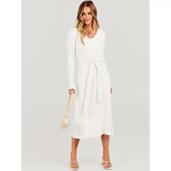 imageANRABESS Womens Sweater Dress 2024 Long Sleeve V Neck Tie Waist Slim Fit Elegant Ribbed Knit Bodycon Midi DressWhite