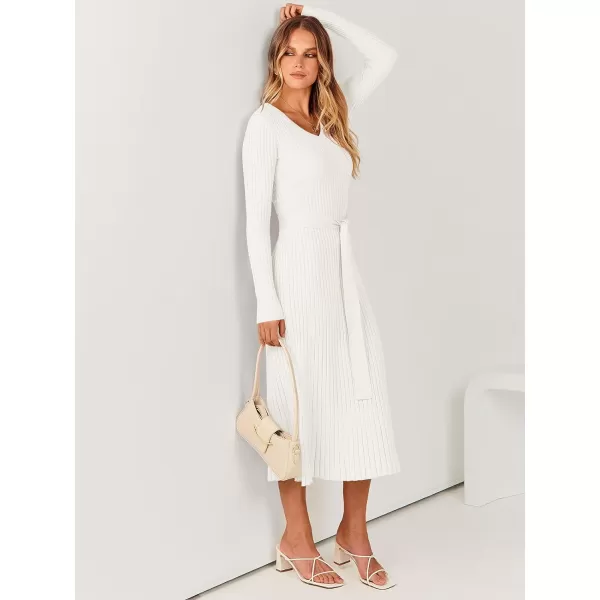 imageANRABESS Womens Sweater Dress 2024 Long Sleeve V Neck Tie Waist Slim Fit Elegant Ribbed Knit Bodycon Midi DressWhite