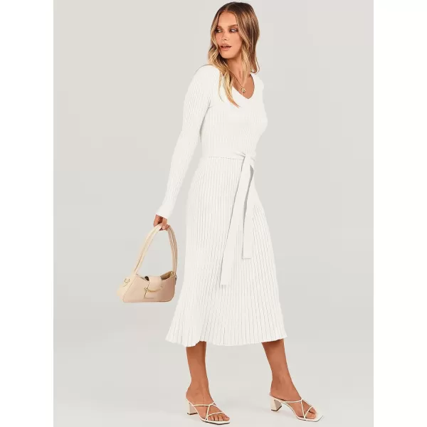 imageANRABESS Womens Sweater Dress 2024 Long Sleeve V Neck Tie Waist Slim Fit Elegant Ribbed Knit Bodycon Midi DressWhite