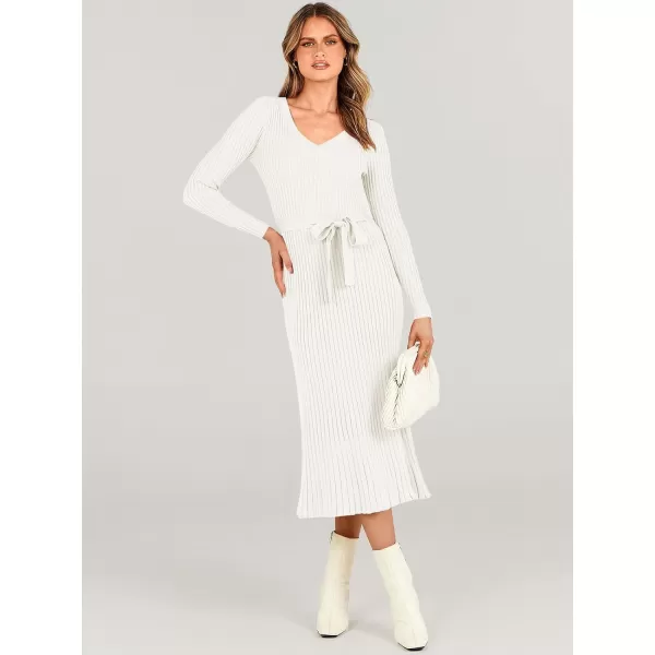 imageANRABESS Womens Sweater Dress 2024 Long Sleeve V Neck Tie Waist Slim Fit Elegant Ribbed Knit Bodycon Midi DressWhite