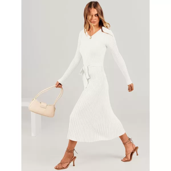 imageANRABESS Womens Sweater Dress 2024 Long Sleeve V Neck Tie Waist Slim Fit Elegant Ribbed Knit Bodycon Midi DressWhite