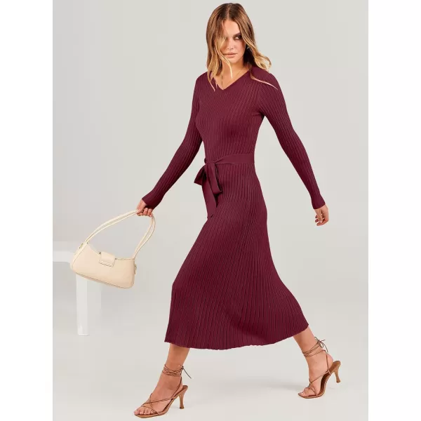 imageANRABESS Womens Sweater Dress 2024 Long Sleeve V Neck Tie Waist Slim Fit Elegant Ribbed Knit Bodycon Midi DressWine Red