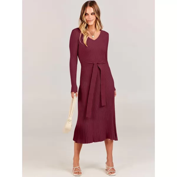imageANRABESS Womens Sweater Dress 2024 Long Sleeve V Neck Tie Waist Slim Fit Elegant Ribbed Knit Bodycon Midi DressWine Red