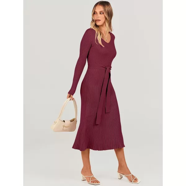 imageANRABESS Womens Sweater Dress 2024 Long Sleeve V Neck Tie Waist Slim Fit Elegant Ribbed Knit Bodycon Midi DressWine Red