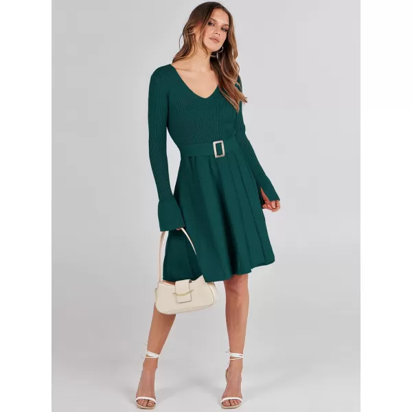 imageANRABESS Womens Sweater Dress Long Sleeve V Neck Tie Waist Pleated ALine 2023 Fall Elegant Ribbed Knit Midi DressesApricot