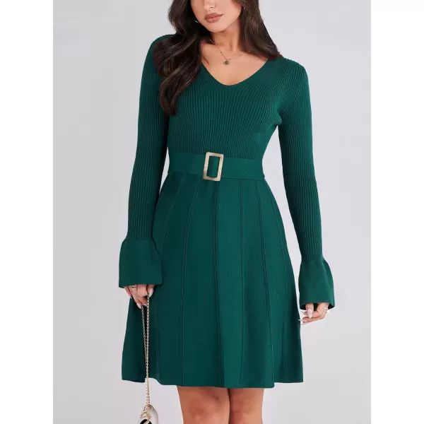 imageANRABESS Womens Sweater Dress Long Sleeve V Neck Tie Waist Pleated ALine 2023 Fall Elegant Ribbed Knit Midi DressesApricot