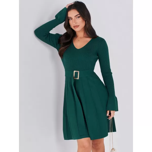 imageANRABESS Womens Sweater Dress Long Sleeve V Neck Tie Waist Pleated ALine 2023 Fall Elegant Ribbed Knit Midi DressesApricot