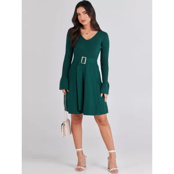 imageANRABESS Womens Sweater Dress Long Sleeve V Neck Tie Waist Pleated ALine 2023 Fall Elegant Ribbed Knit Midi DressesApricot