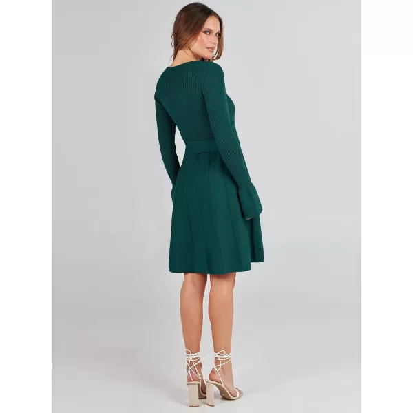 imageANRABESS Womens Sweater Dress Long Sleeve V Neck Tie Waist Pleated ALine 2023 Fall Elegant Ribbed Knit Midi DressesApricot