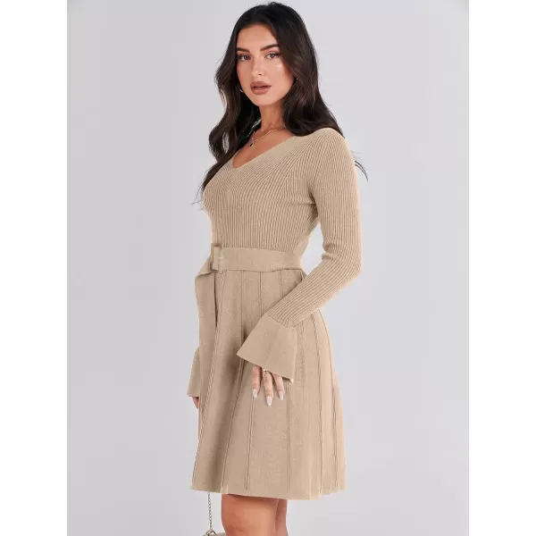 imageANRABESS Womens Sweater Dress Long Sleeve V Neck Tie Waist Pleated ALine 2023 Fall Elegant Ribbed Knit Midi DressesApricot