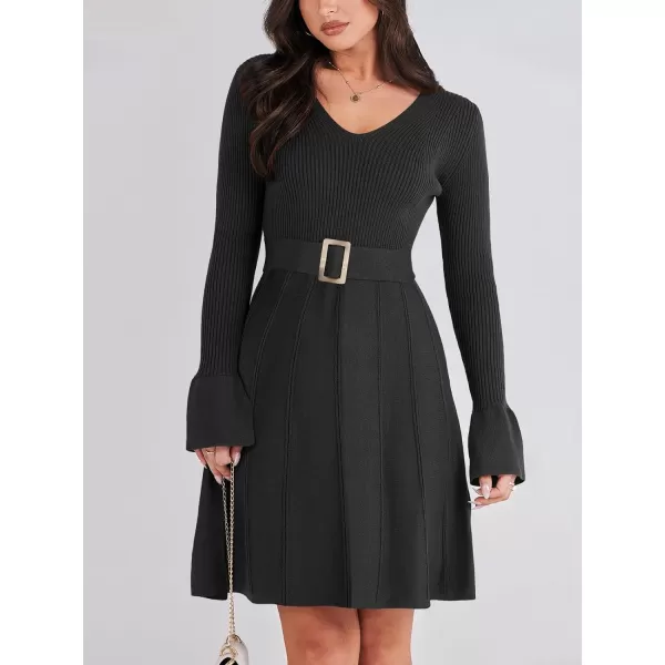 imageANRABESS Womens Sweater Dress Long Sleeve V Neck Tie Waist Pleated ALine 2023 Fall Elegant Ribbed Knit Midi DressesBlack
