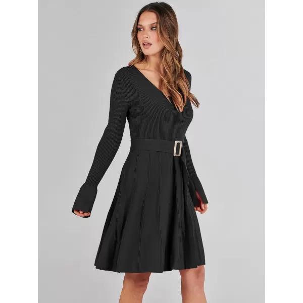 imageANRABESS Womens Sweater Dress Long Sleeve V Neck Tie Waist Pleated ALine 2023 Fall Elegant Ribbed Knit Midi DressesBlack