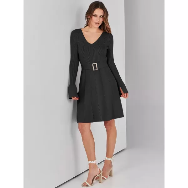 imageANRABESS Womens Sweater Dress Long Sleeve V Neck Tie Waist Pleated ALine 2023 Fall Elegant Ribbed Knit Midi DressesBlack