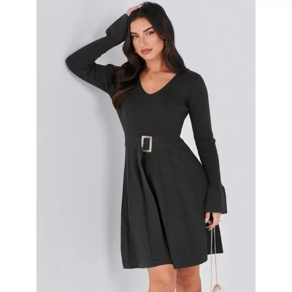 imageANRABESS Womens Sweater Dress Long Sleeve V Neck Tie Waist Pleated ALine 2023 Fall Elegant Ribbed Knit Midi DressesBlack