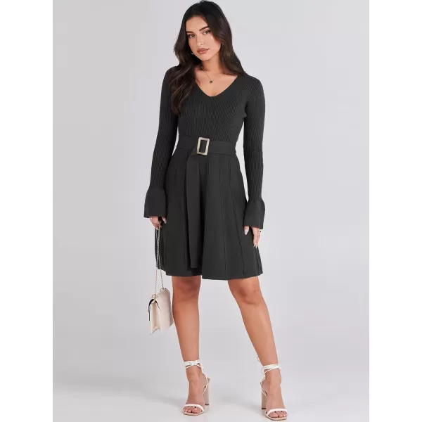 imageANRABESS Womens Sweater Dress Long Sleeve V Neck Tie Waist Pleated ALine 2023 Fall Elegant Ribbed Knit Midi DressesBlack