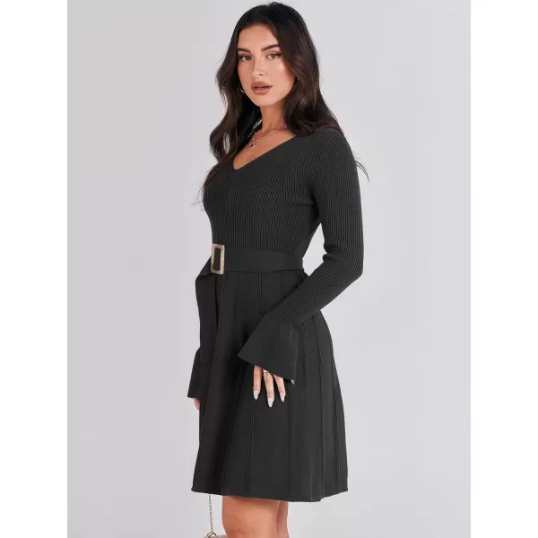 imageANRABESS Womens Sweater Dress Long Sleeve V Neck Tie Waist Pleated ALine 2023 Fall Elegant Ribbed Knit Midi DressesBlack