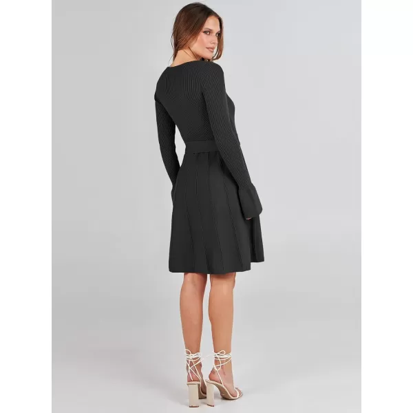 imageANRABESS Womens Sweater Dress Long Sleeve V Neck Tie Waist Pleated ALine 2023 Fall Elegant Ribbed Knit Midi DressesBlack