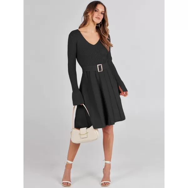 imageANRABESS Womens Sweater Dress Long Sleeve V Neck Tie Waist Pleated ALine 2023 Fall Elegant Ribbed Knit Midi DressesBlack