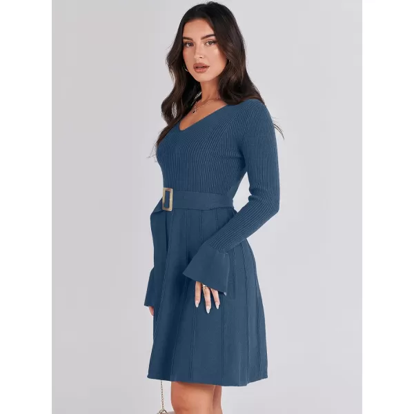 imageANRABESS Womens Sweater Dress Long Sleeve V Neck Tie Waist Pleated ALine 2023 Fall Elegant Ribbed Knit Midi DressesDusty Blue