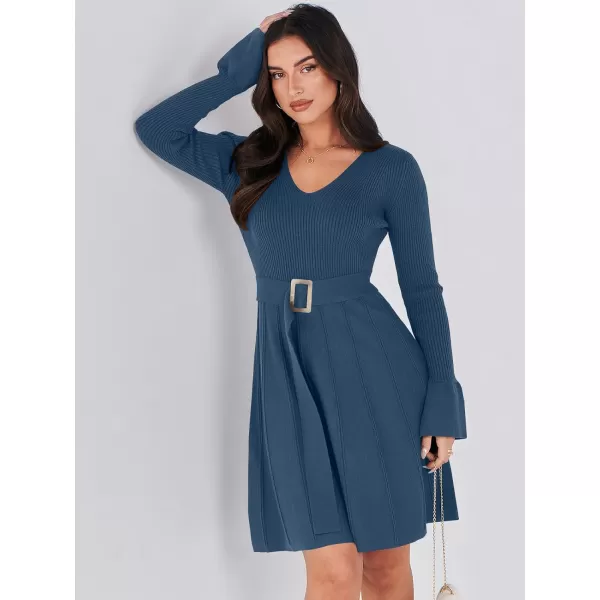 imageANRABESS Womens Sweater Dress Long Sleeve V Neck Tie Waist Pleated ALine 2023 Fall Elegant Ribbed Knit Midi DressesDusty Blue