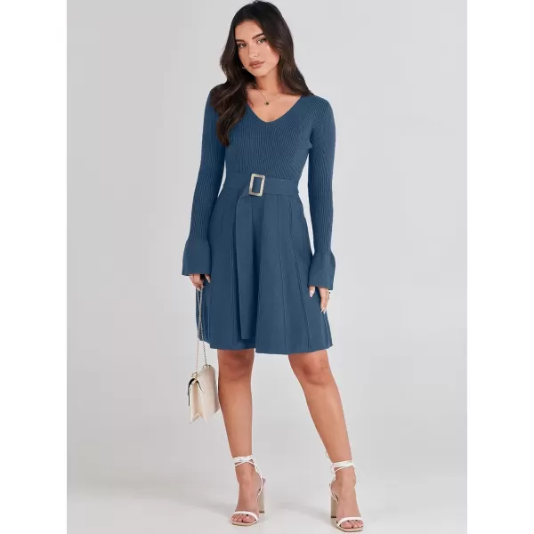imageANRABESS Womens Sweater Dress Long Sleeve V Neck Tie Waist Pleated ALine 2023 Fall Elegant Ribbed Knit Midi DressesDusty Blue