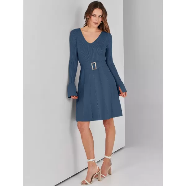 imageANRABESS Womens Sweater Dress Long Sleeve V Neck Tie Waist Pleated ALine 2023 Fall Elegant Ribbed Knit Midi DressesDusty Blue