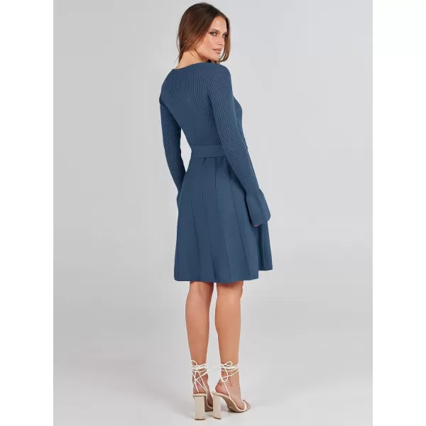 imageANRABESS Womens Sweater Dress Long Sleeve V Neck Tie Waist Pleated ALine 2023 Fall Elegant Ribbed Knit Midi DressesDusty Blue