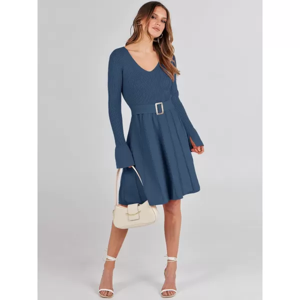 imageANRABESS Womens Sweater Dress Long Sleeve V Neck Tie Waist Pleated ALine 2023 Fall Elegant Ribbed Knit Midi DressesDusty Blue