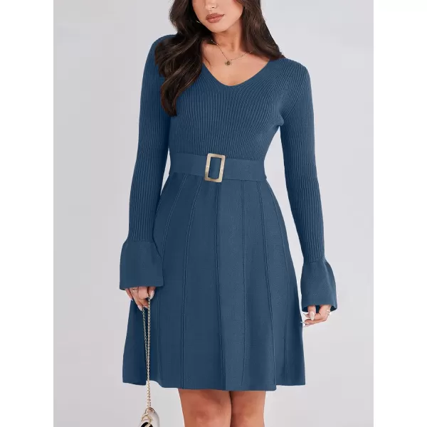 imageANRABESS Womens Sweater Dress Long Sleeve V Neck Tie Waist Pleated ALine 2023 Fall Elegant Ribbed Knit Midi DressesDusty Blue