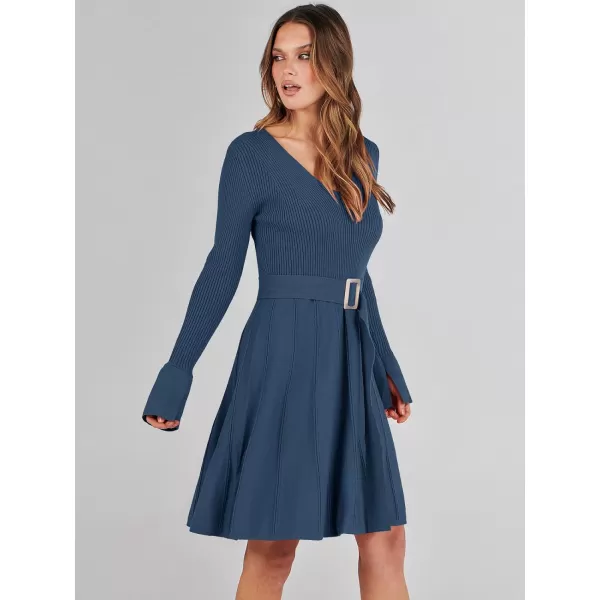 imageANRABESS Womens Sweater Dress Long Sleeve V Neck Tie Waist Pleated ALine 2023 Fall Elegant Ribbed Knit Midi DressesDusty Blue