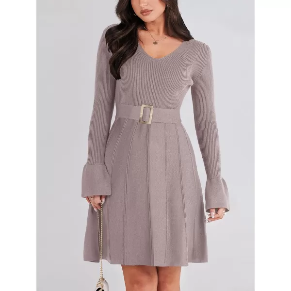 imageANRABESS Womens Sweater Dress Long Sleeve V Neck Tie Waist Pleated ALine 2023 Fall Elegant Ribbed Knit Midi DressesGray Purple