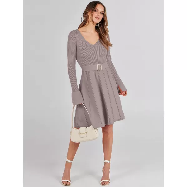 imageANRABESS Womens Sweater Dress Long Sleeve V Neck Tie Waist Pleated ALine 2023 Fall Elegant Ribbed Knit Midi DressesGray Purple