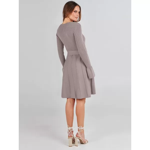 imageANRABESS Womens Sweater Dress Long Sleeve V Neck Tie Waist Pleated ALine 2023 Fall Elegant Ribbed Knit Midi DressesGray Purple